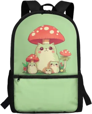 Cute Cat Girls School Backpack for Age 5-10 Kids,Mushroom Book Bag for Preschool Boys Bookbag for Back to School Gift Child School Bag with Double Zipper