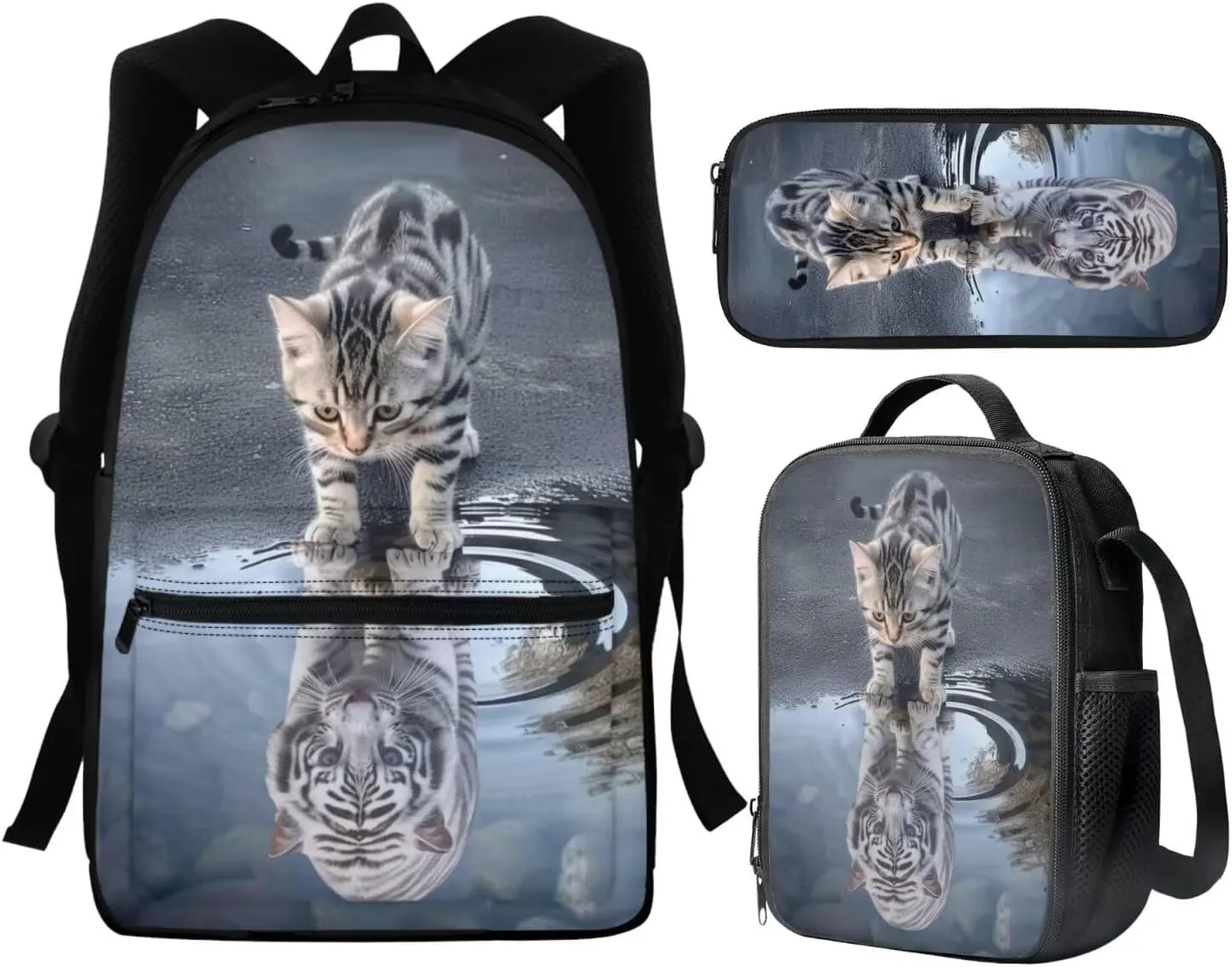 Cute Cat Kids Backpack Set Girls School Backpacks for Elementary,Tiger Bookbag With Lunch Box and Pencil Case for Boys Ages 8-10/10-12 High Middle Students School Bags Casual Daypack