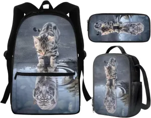 Cute Cat Kids Backpack Set Girls School Backpacks for Elementary,Tiger Bookbag With Lunch Box and Pencil Case for Boys Ages 8-10/10-12 High Middle Students School Bags Casual Daypack