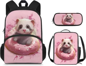 Cute Ferret Girls Backpack for School, Kids School Rucksack Pencil Case and Lunch Box Lightweight Hiking Backpack Large Travel Bags Back to School Gifts Trendy Knapsack Back Packs