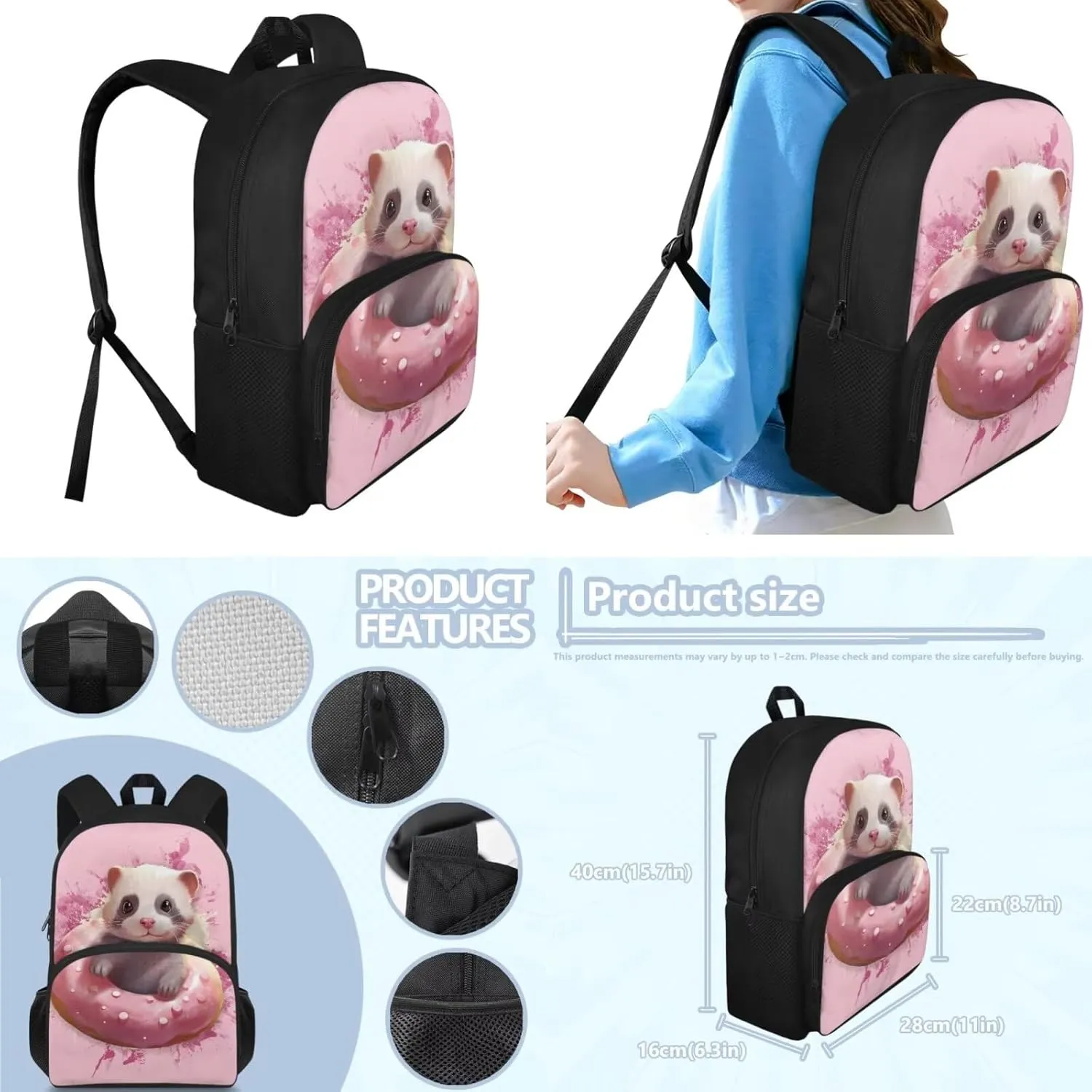 Cute Ferret Girls Backpack for School, Kids School Rucksack Pencil Case and Lunch Box Lightweight Hiking Backpack Large Travel Bags Back to School Gifts Trendy Knapsack Back Packs