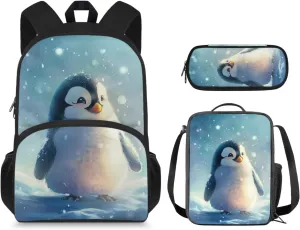Cute Penguin Toddler Backpack and Lunch Box Set Boys 6-8 School Bags for Teen Girls Back to School Bag for Girls 8-10 Fits Notebooks Water Bottles Homework Tablets