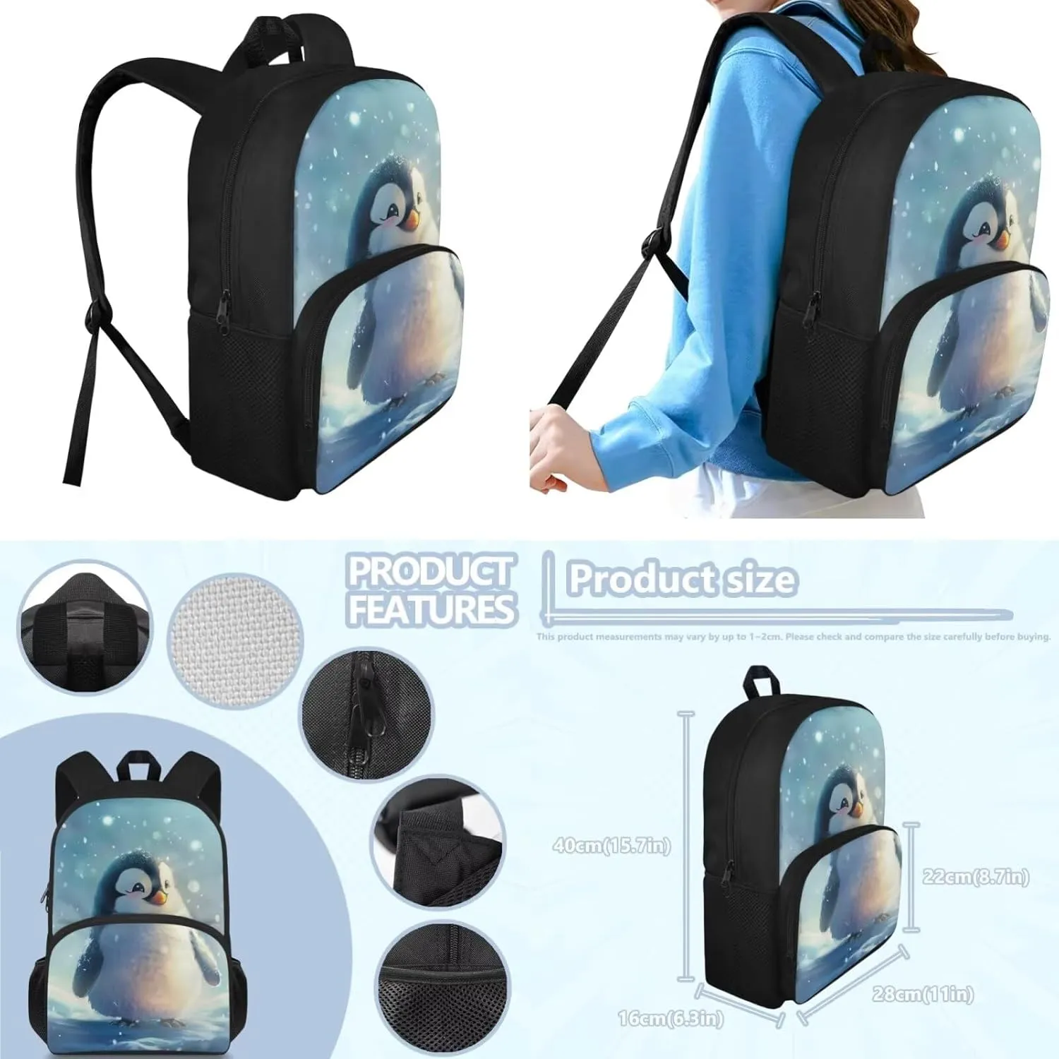 Cute Penguin Toddler Backpack and Lunch Box Set Boys 6-8 School Bags for Teen Girls Back to School Bag for Girls 8-10 Fits Notebooks Water Bottles Homework Tablets