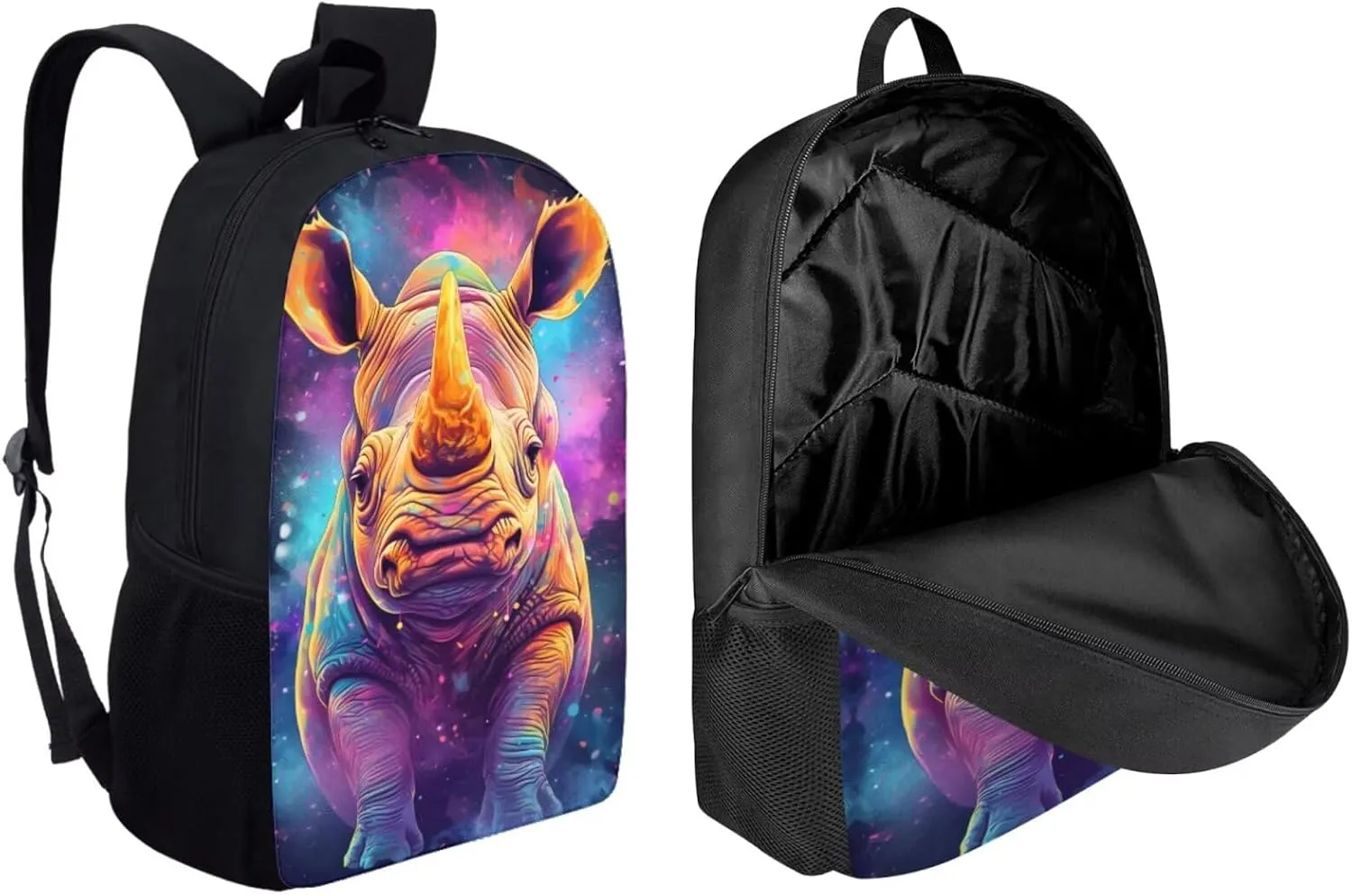 Cute Purple Yellow Rhinoceros Kids Backpack School Bag With Lunch Bag and Pencil Bag for Teen Boys Middle Junior High School Bookbag Rucksack Lightweight Shoulder Handbag Daypack Satchel