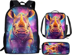 Cute Purple Yellow Rhinoceros Kids Backpack School Bag With Lunch Bag and Pencil Bag for Teen Boys Middle Junior High School Bookbag Rucksack Lightweight Shoulder Handbag Daypack Satchel
