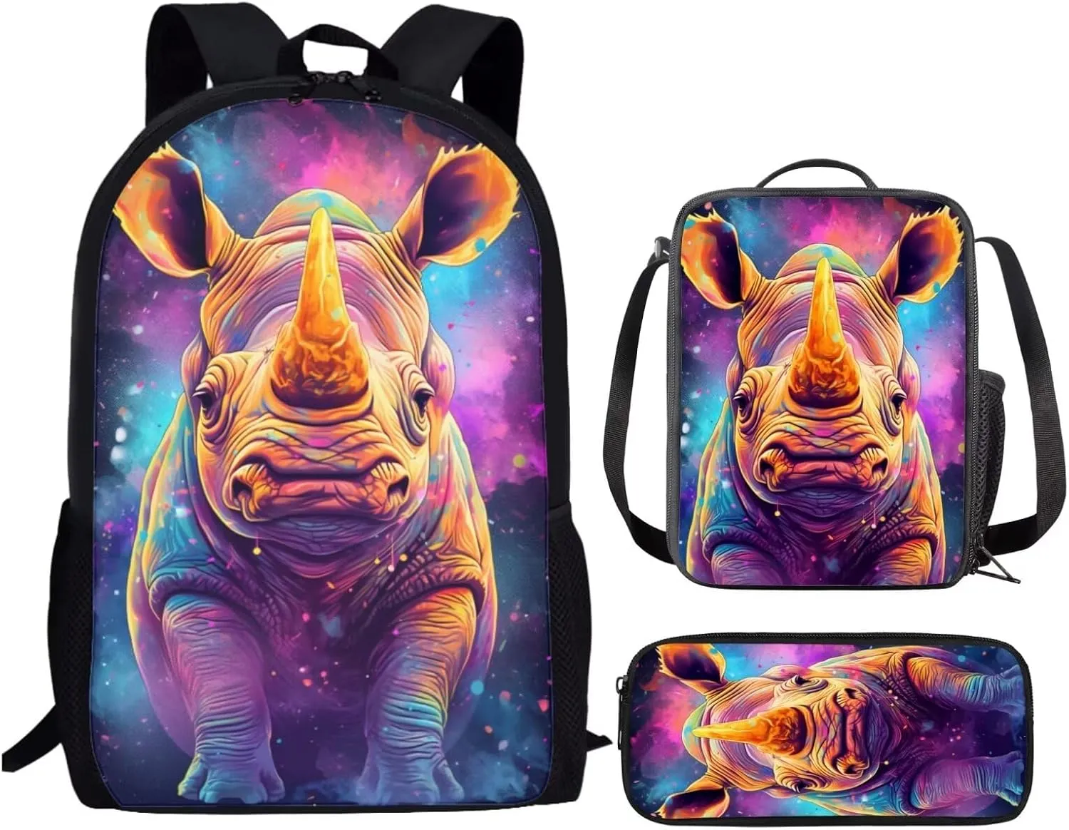 Cute Purple Yellow Rhinoceros Kids Backpack School Bag With Lunch Bag and Pencil Bag for Teen Boys Middle Junior High School Bookbag Rucksack Lightweight Shoulder Handbag Daypack Satchel