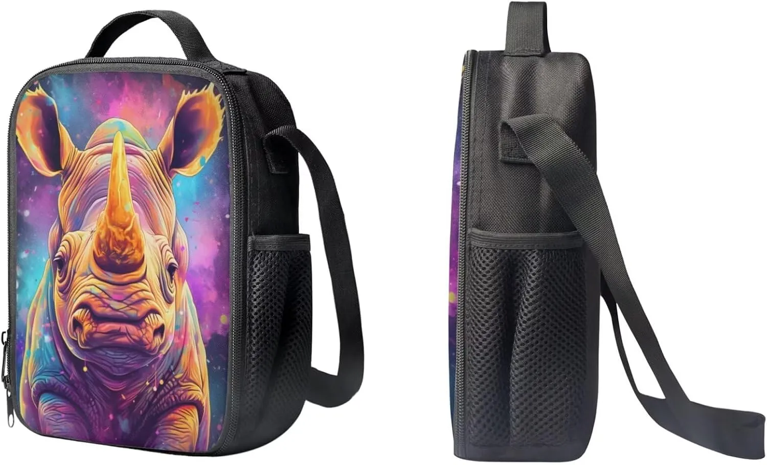 Cute Purple Yellow Rhinoceros Kids Backpack School Bag With Lunch Bag and Pencil Bag for Teen Boys Middle Junior High School Bookbag Rucksack Lightweight Shoulder Handbag Daypack Satchel
