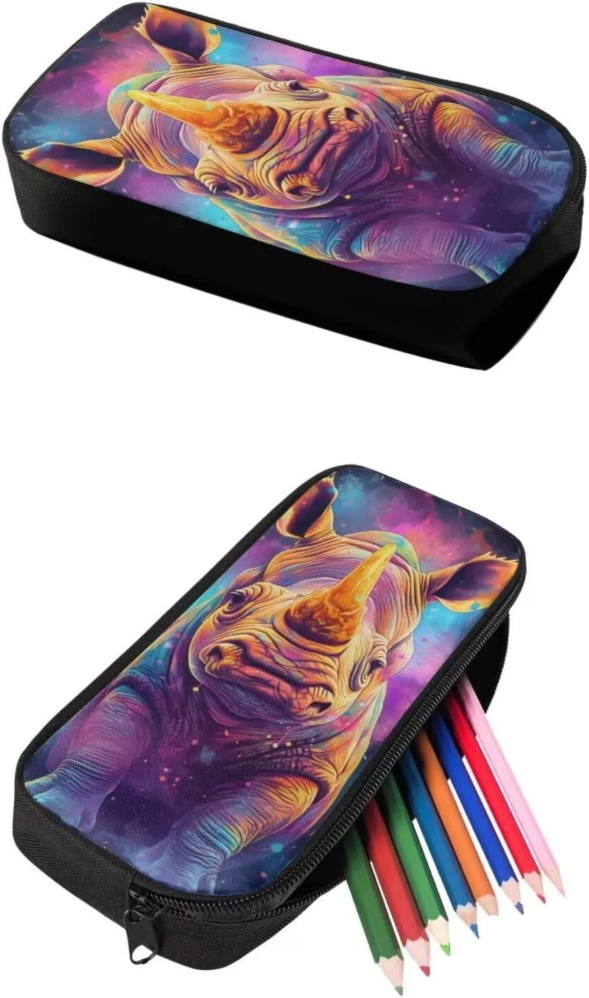 Cute Purple Yellow Rhinoceros Kids Backpack School Bag With Lunch Bag and Pencil Bag for Teen Boys Middle Junior High School Bookbag Rucksack Lightweight Shoulder Handbag Daypack Satchel