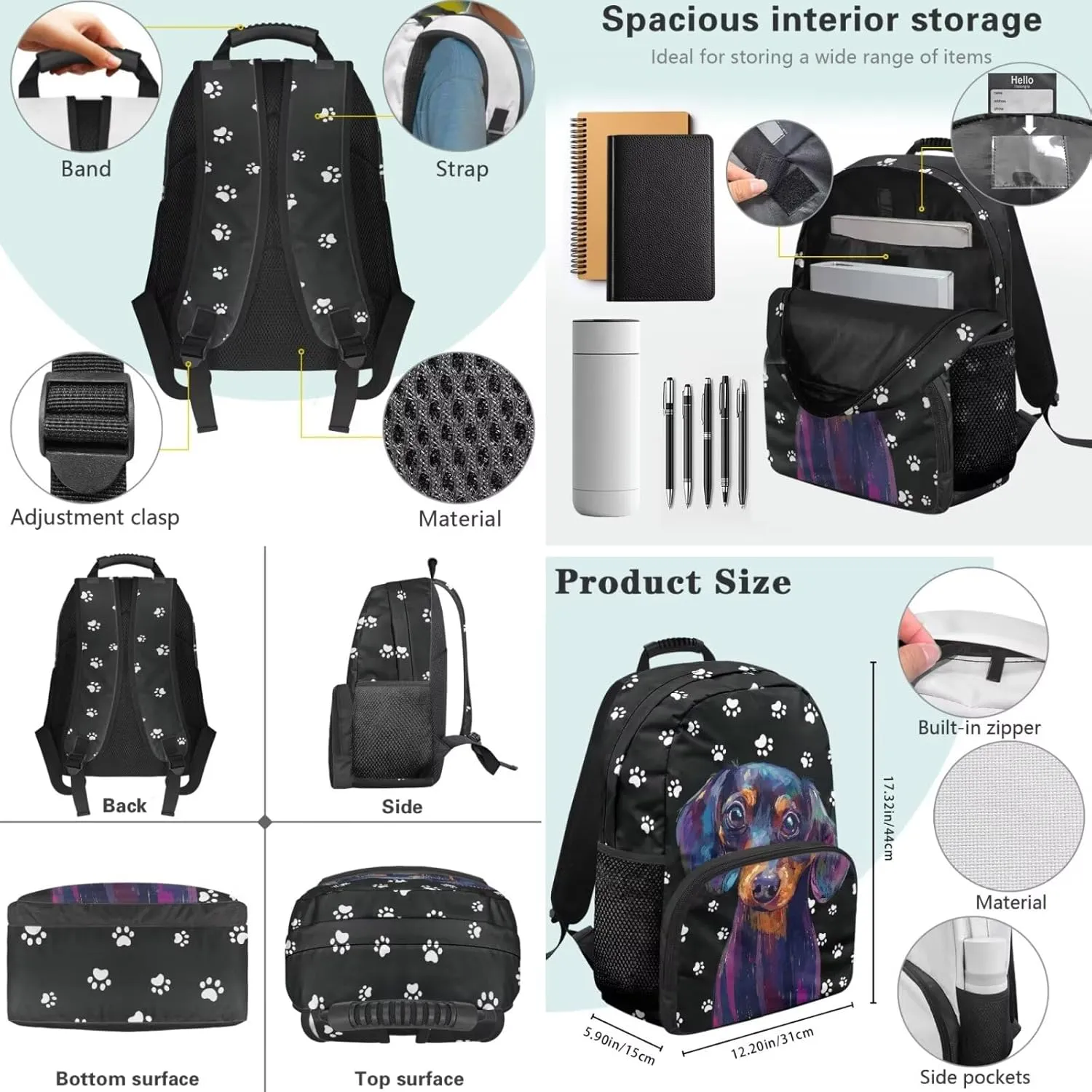 Dachshund Dog Paws 3PCS Boys Bookbag with Thermal Lunch Tote & Pencil Pouch School Backpacks Breathable Back Panel Casual Daypack Sports & Travel Essentials