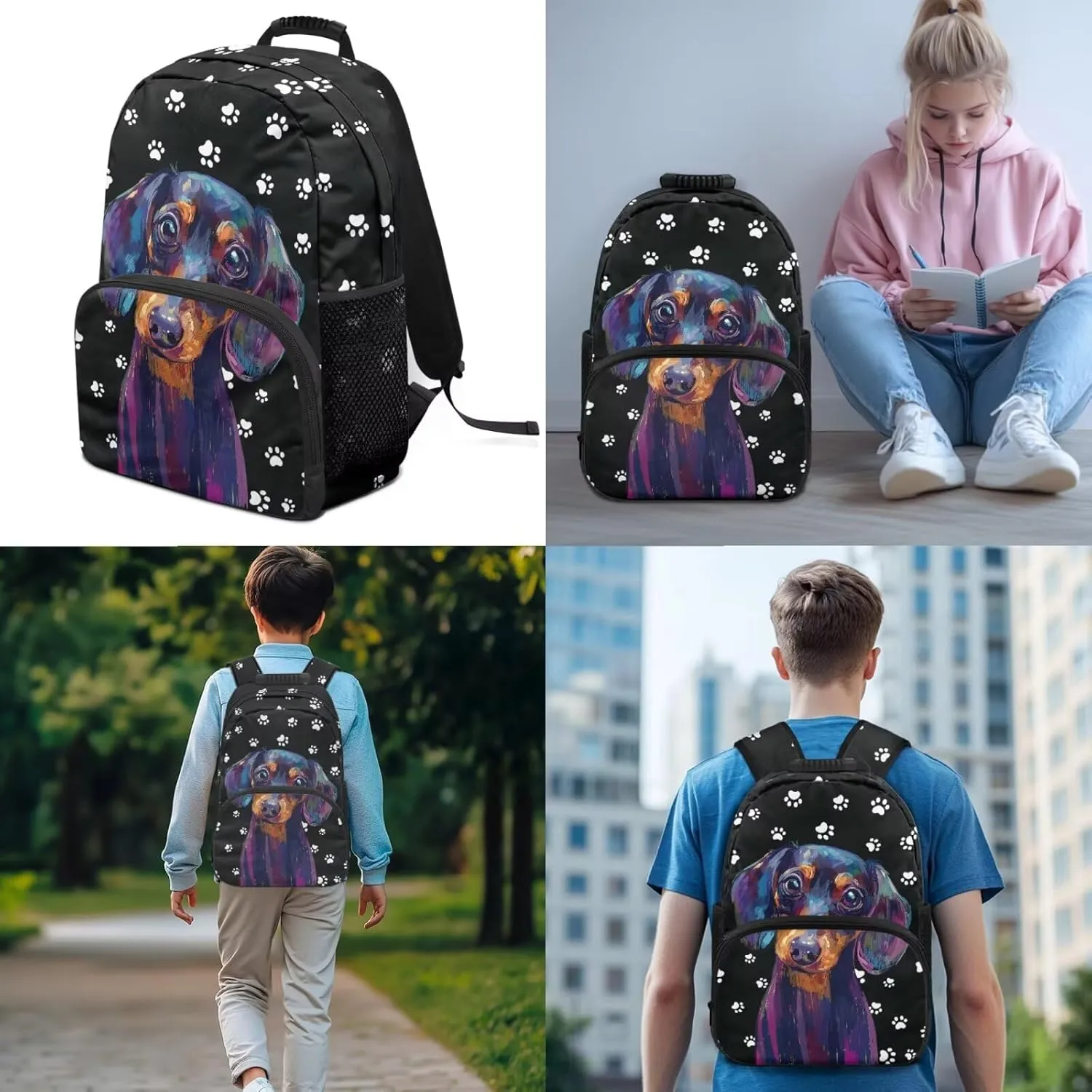 Dachshund Dog Paws 3PCS Boys Bookbag with Thermal Lunch Tote & Pencil Pouch School Backpacks Breathable Back Panel Casual Daypack Sports & Travel Essentials
