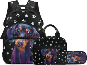 Dachshund Dog Paws 3PCS Boys Bookbag with Thermal Lunch Tote & Pencil Pouch School Backpacks Breathable Back Panel Casual Daypack Sports & Travel Essentials