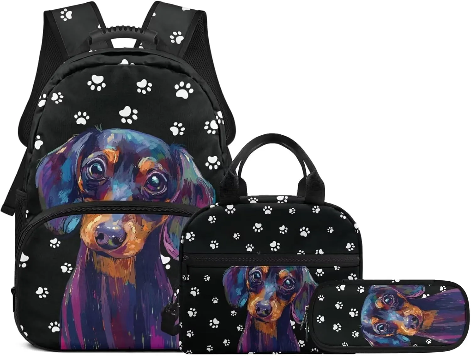 Dachshund Dog Paws 3PCS Boys Bookbag with Thermal Lunch Tote & Pencil Pouch School Backpacks Breathable Back Panel Casual Daypack Sports & Travel Essentials