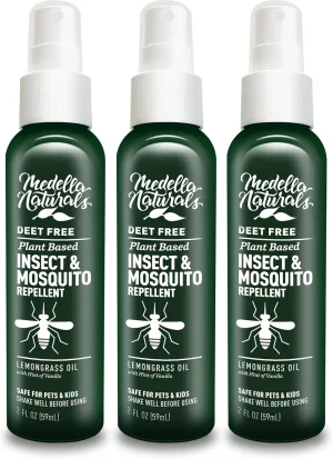 Deet-Free Insect & Mosquito Repellent Pack of 3 (2oz) – Nice Smelling Insect Repellent with Lemongrass Oil Safe for Pets and Kids – Bug Spray Against Mosquitoes, Gnats, Black Flies, and No-See-ums