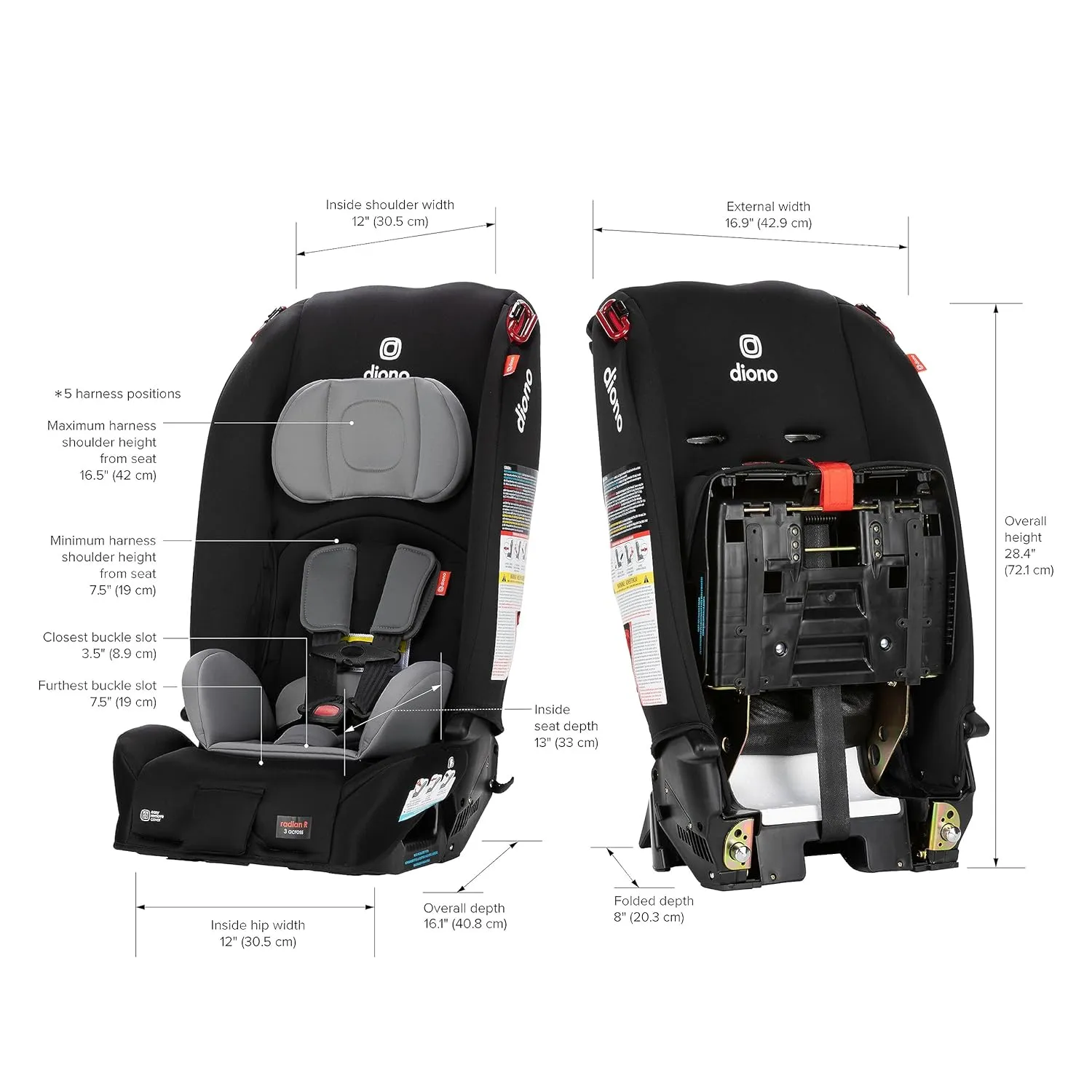 Diono Radian 3R, All-in-One Convertible Car Seat, Rear and Forward Facing, 10 Years 1 Car Seat, Slim Fit 3 Across, Black Storm