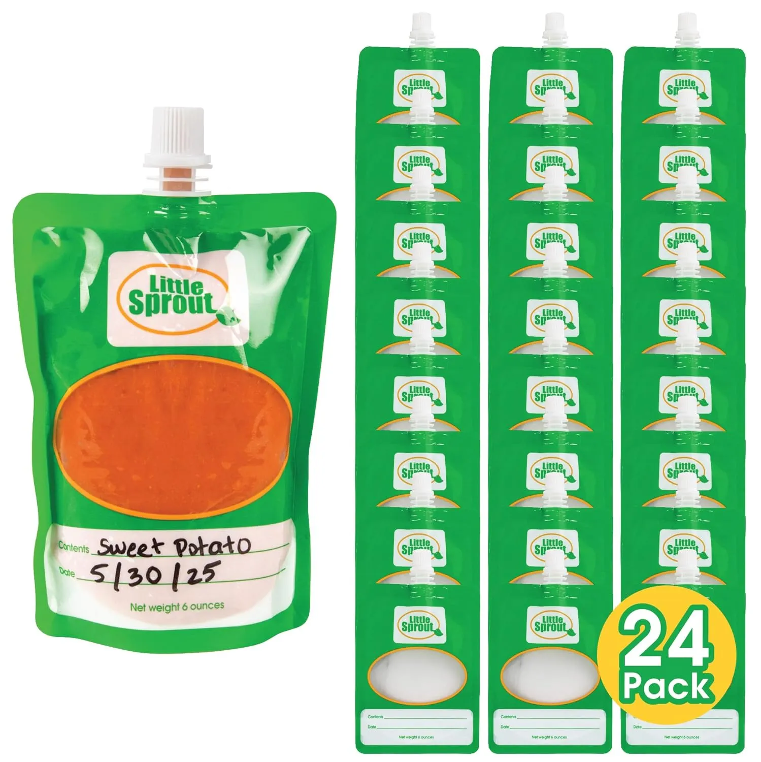 Disposable 6oz Baby Food Storage Pouch Containers, 24 Pk- Write What You Want Squeezable Pouches- Make Homemade Organic Food for Babies/Toddlers- Works with Most Filling Stations Including Infantino
