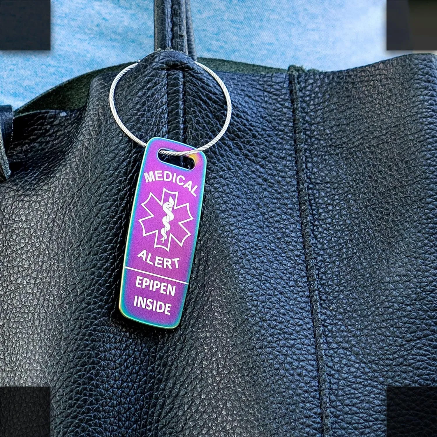 Divoti Deep Custom Laser Engraved Medical Alert Tag - Customized Engraved Info - Medical Equipment Luggage Tags - Cable Loops(2 Packs)-EPIPEN Inside -PVD Rainbow