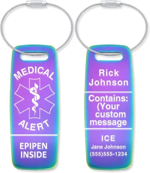 Divoti Deep Custom Laser Engraved Medical Alert Tag - Customized Engraved Info - Medical Equipment Luggage Tags - Cable Loops(2 Packs)-EPIPEN Inside -PVD Rainbow