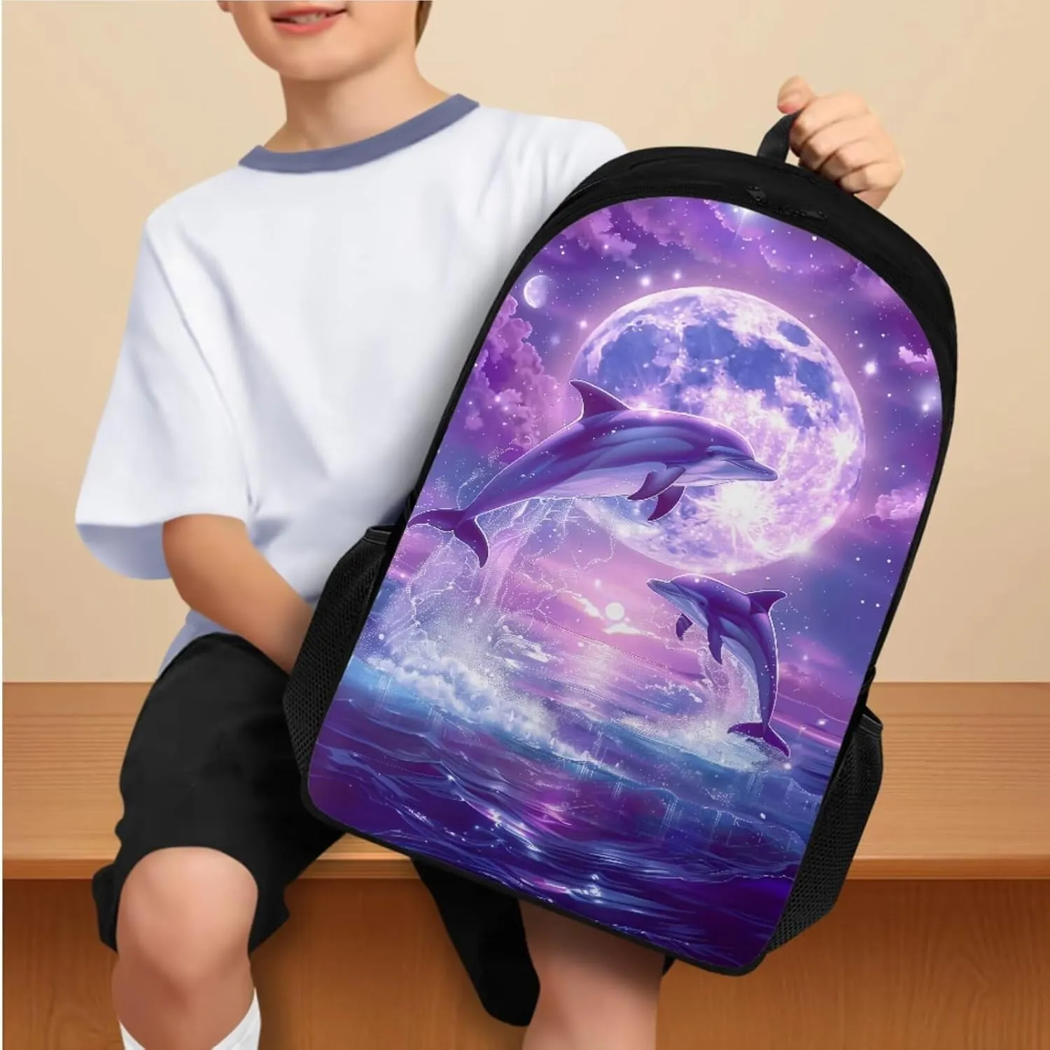 Dolphin Backpack for Girls Kids Backpack with Lunch Box Water Bottle Pouch and Aesthetic Pencil Case 4PCS Set Bookbag with Compartments for School Teens 17 inch Large Elementary School Bag