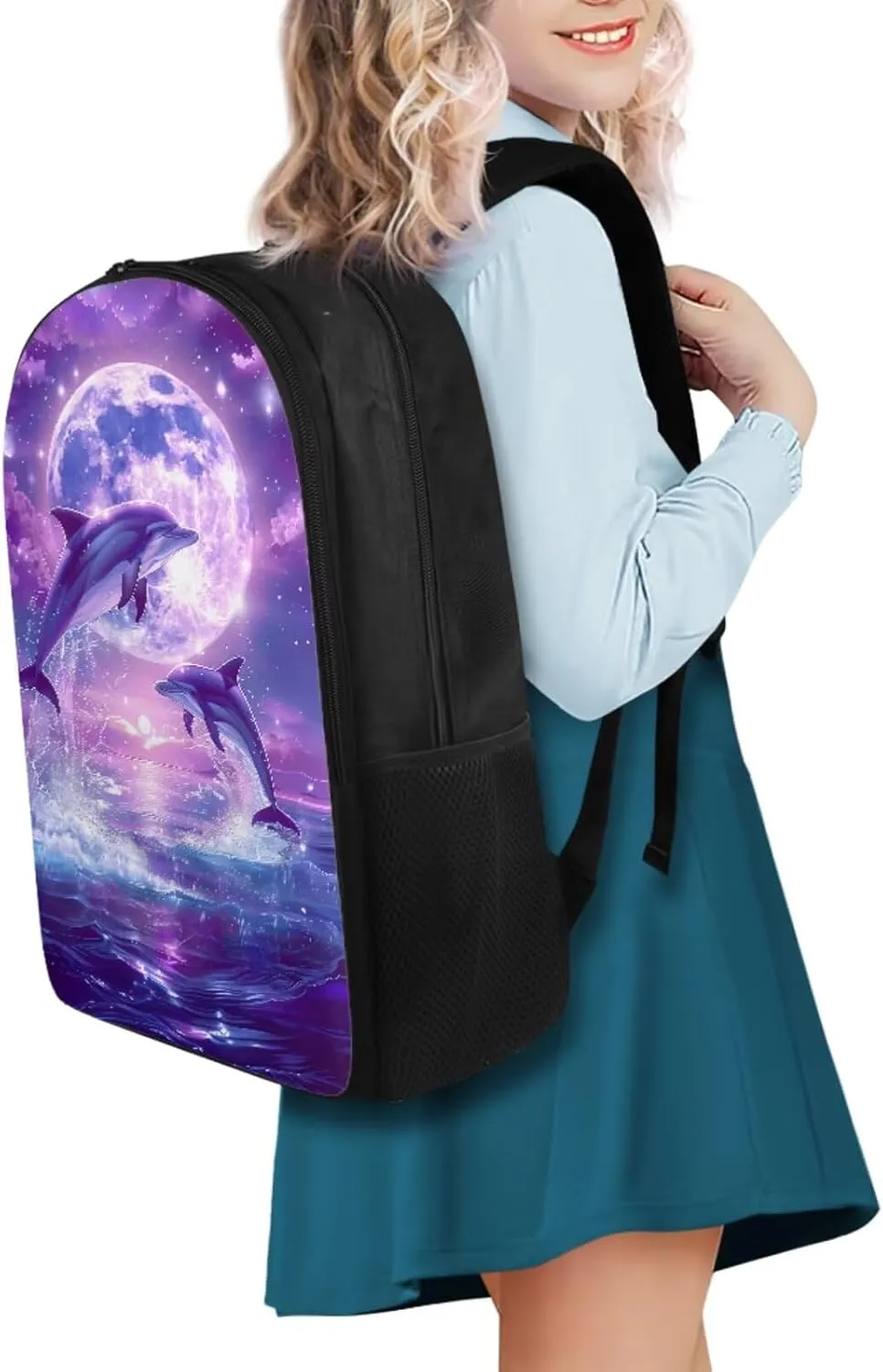Dolphin Backpack for Girls Kids Backpack with Lunch Box Water Bottle Pouch and Aesthetic Pencil Case 4PCS Set Bookbag with Compartments for School Teens 17 inch Large Elementary School Bag
