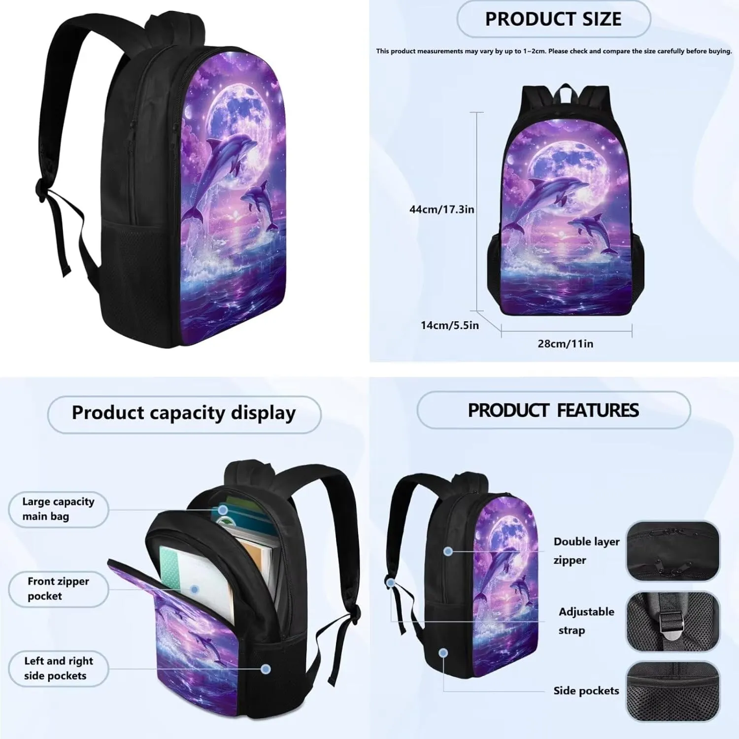 Dolphin Backpack for Girls Kids Backpack with Lunch Box Water Bottle Pouch and Aesthetic Pencil Case 4PCS Set Bookbag with Compartments for School Teens 17 inch Large Elementary School Bag