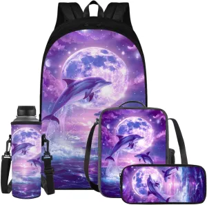 Dolphin Backpack for Girls Kids Backpack with Lunch Box Water Bottle Pouch and Aesthetic Pencil Case 4PCS Set Bookbag with Compartments for School Teens 17 inch Large Elementary School Bag