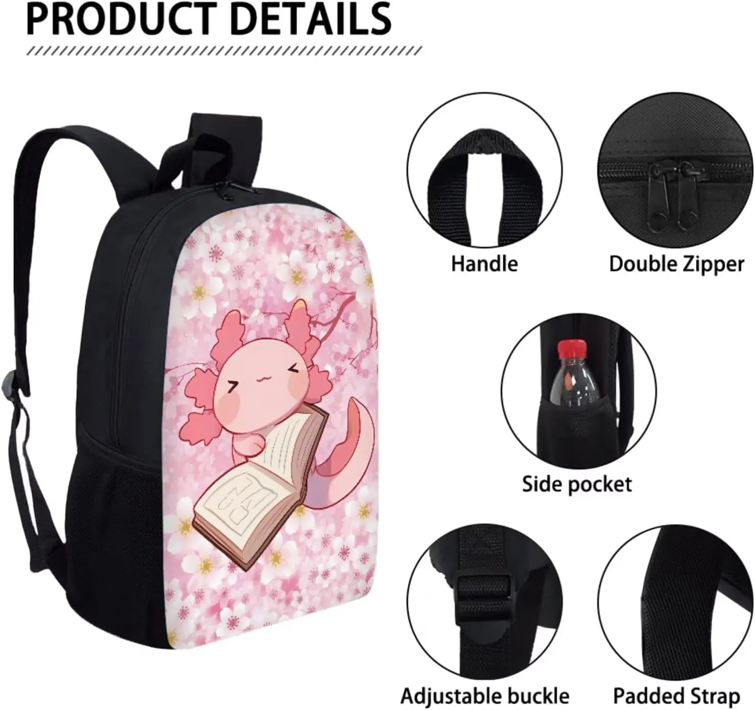 Dolyues Book Axolotl Girls Backpack Set: 17 Inch School Backpack, Leak-Proof Lunch Bag & Glitter Pencil Case - Adjustable Straps & Non for Ages 5-12
