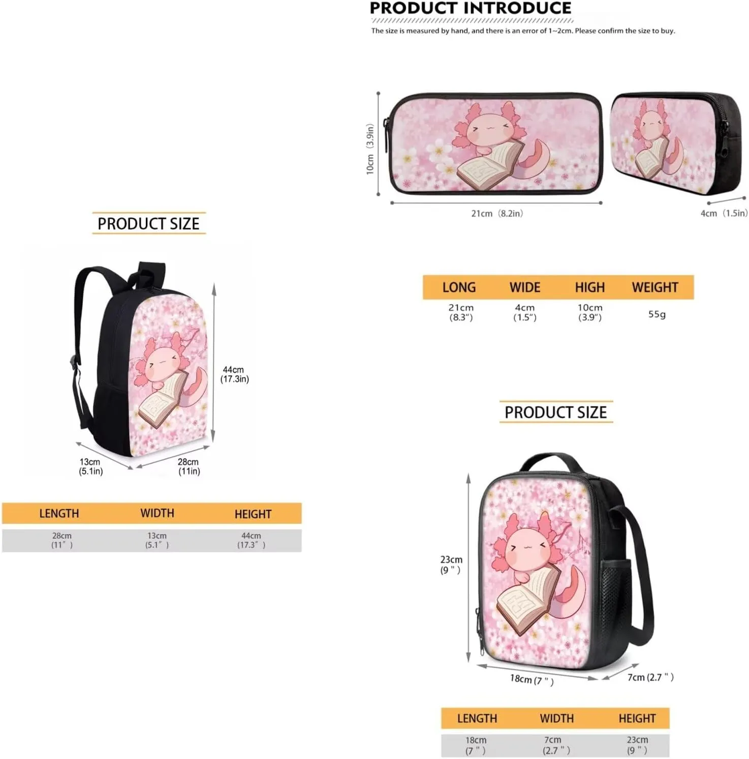 Dolyues Book Axolotl Girls Backpack Set: 17 Inch School Backpack, Leak-Proof Lunch Bag & Glitter Pencil Case - Adjustable Straps & Non for Ages 5-12