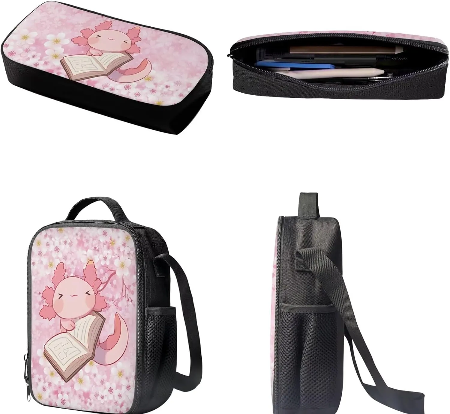 Dolyues Book Axolotl Girls Backpack Set: 17 Inch School Backpack, Leak-Proof Lunch Bag & Glitter Pencil Case - Adjustable Straps & Non for Ages 5-12