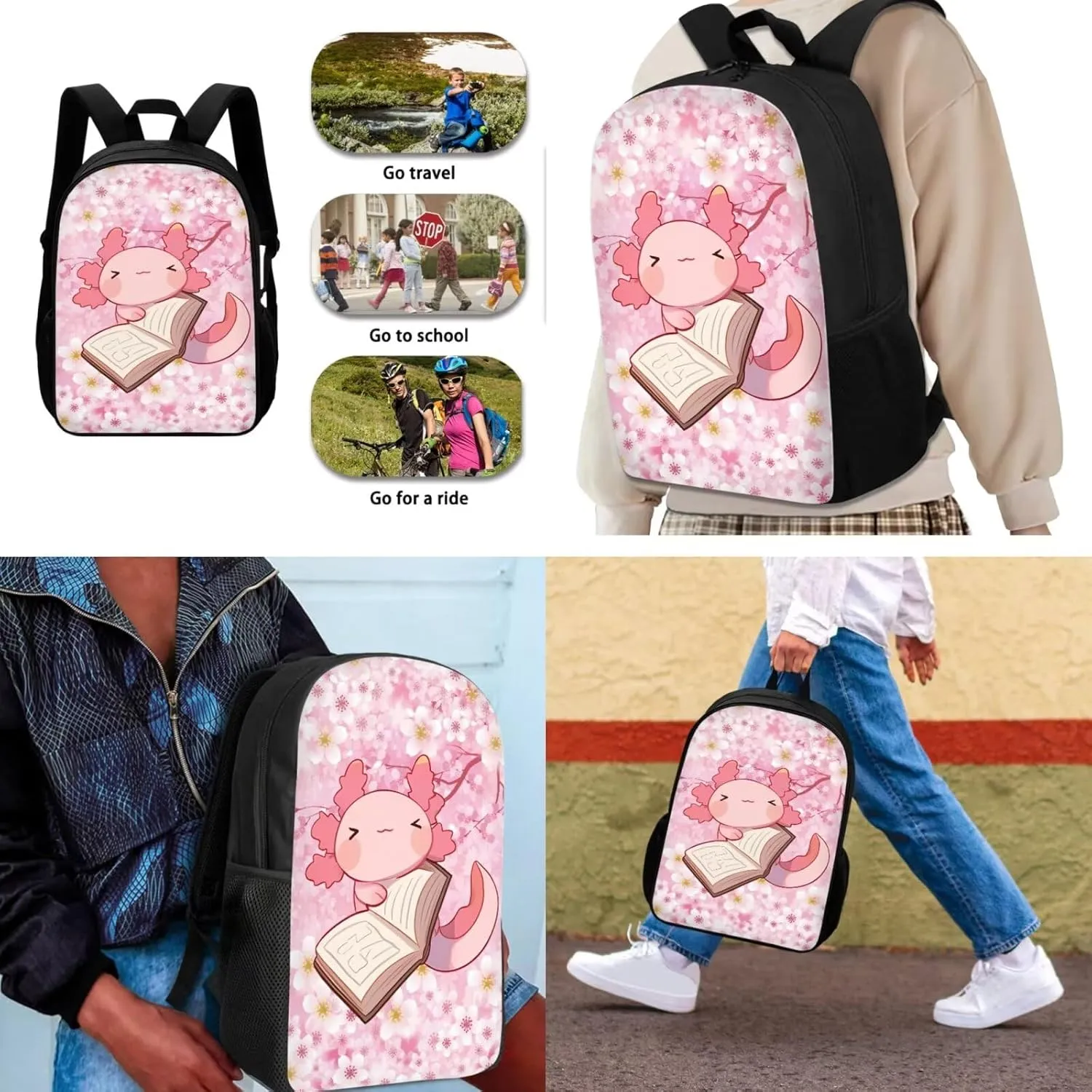 Dolyues Book Axolotl Girls Backpack Set: 17 Inch School Backpack, Leak-Proof Lunch Bag & Glitter Pencil Case - Adjustable Straps & Non for Ages 5-12