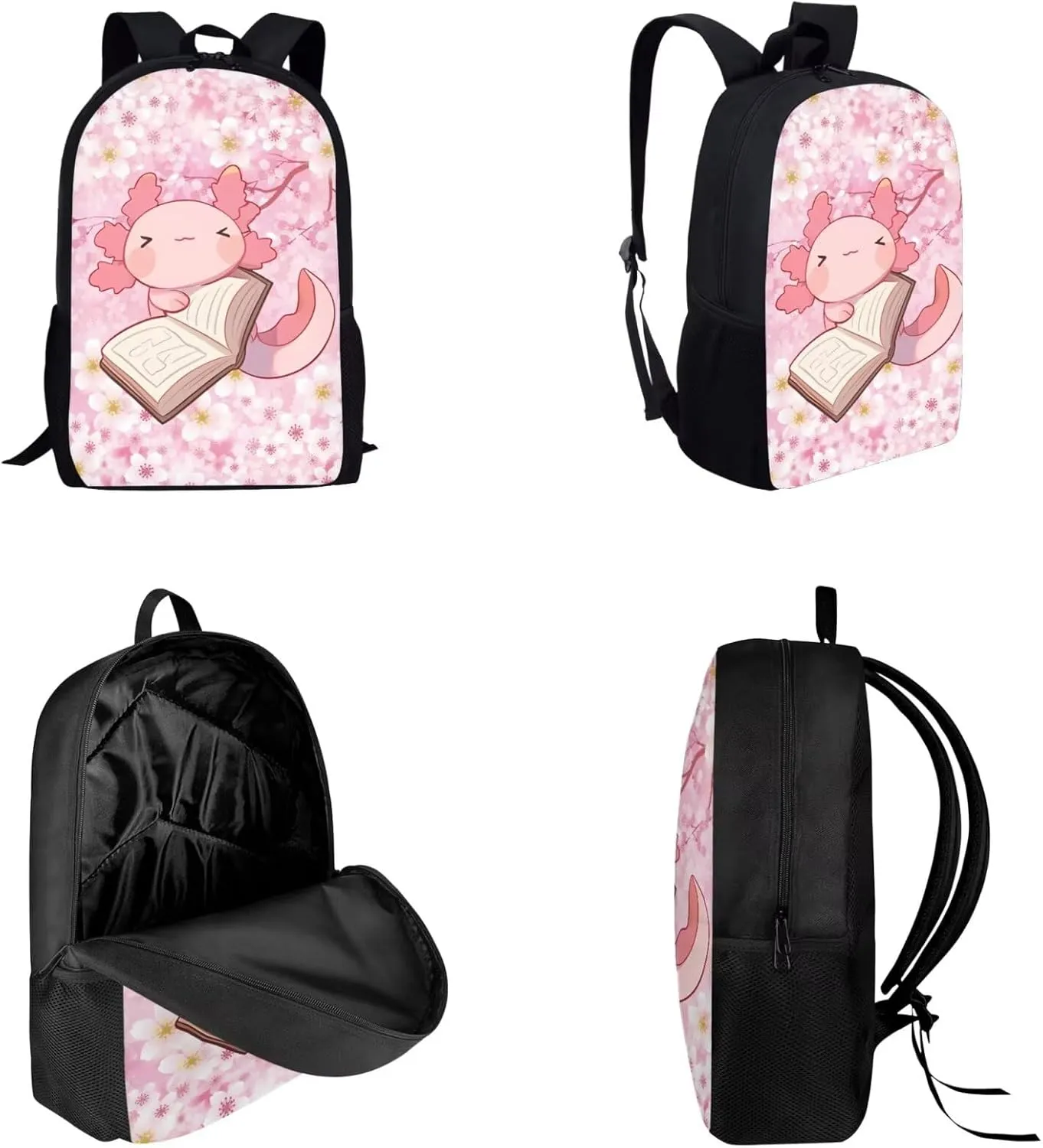 Dolyues Book Axolotl Girls Backpack Set: 17 Inch School Backpack, Leak-Proof Lunch Bag & Glitter Pencil Case - Adjustable Straps & Non for Ages 5-12