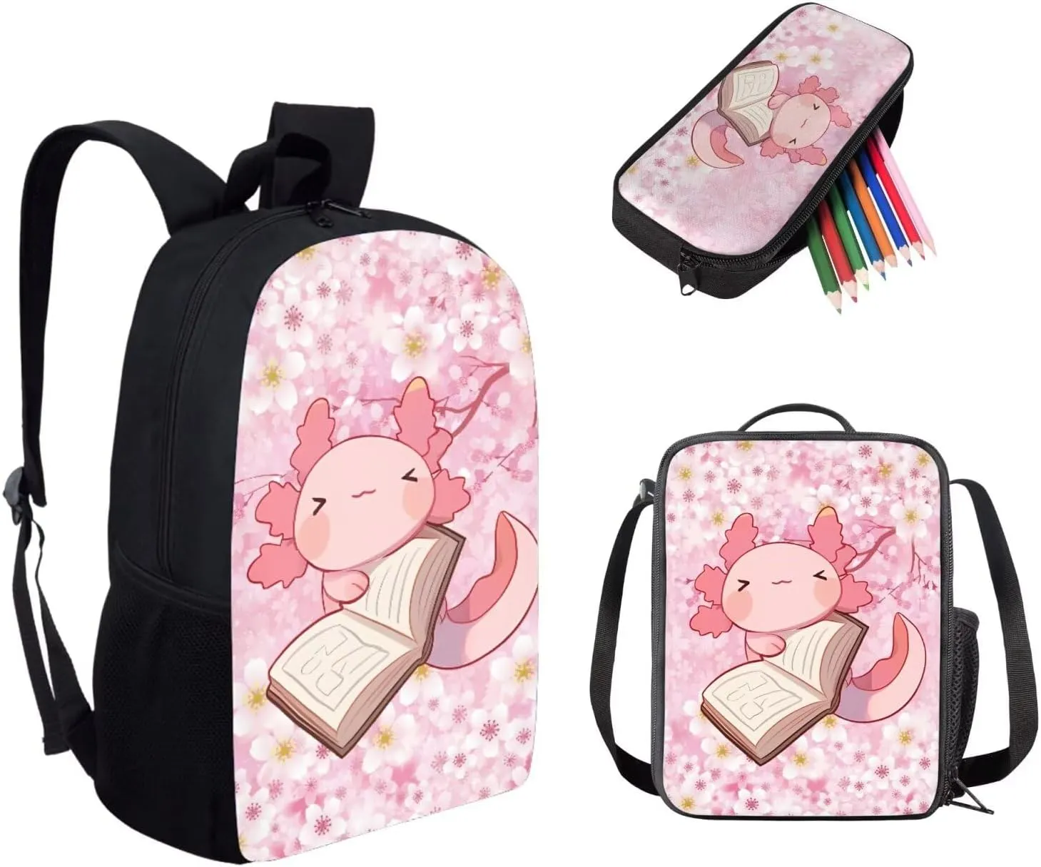 Dolyues Book Axolotl Girls Backpack Set: 17 Inch School Backpack, Leak-Proof Lunch Bag & Glitter Pencil Case - Adjustable Straps & Non for Ages 5-12