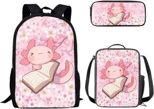 Dolyues Book Axolotl Girls Backpack Set: 17 Inch School Backpack, Leak-Proof Lunch Bag & Glitter Pencil Case - Adjustable Straps & Non for Ages 5-12