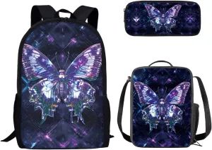 Dolyues Butterfly Print 3-Piece Girls Backpack Set - 17-Inch Bookbag, Lunch Box & Pencil Case - Preschool & Elementary/Middle School Backpack for Teens