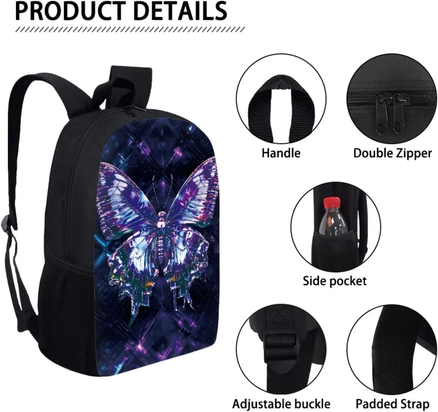 Dolyues Butterfly Print 3-Piece Girls Backpack Set - 17-Inch Bookbag, Lunch Box & Pencil Case - Preschool & Elementary/Middle School Backpack for Teens