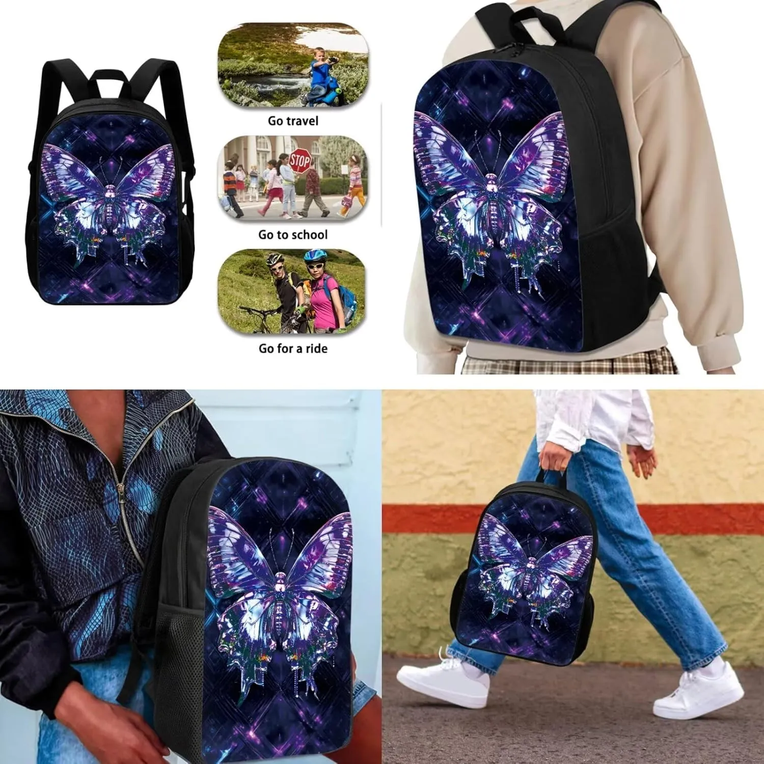 Dolyues Butterfly Print 3-Piece Girls Backpack Set - 17-Inch Bookbag, Lunch Box & Pencil Case - Preschool & Elementary/Middle School Backpack for Teens
