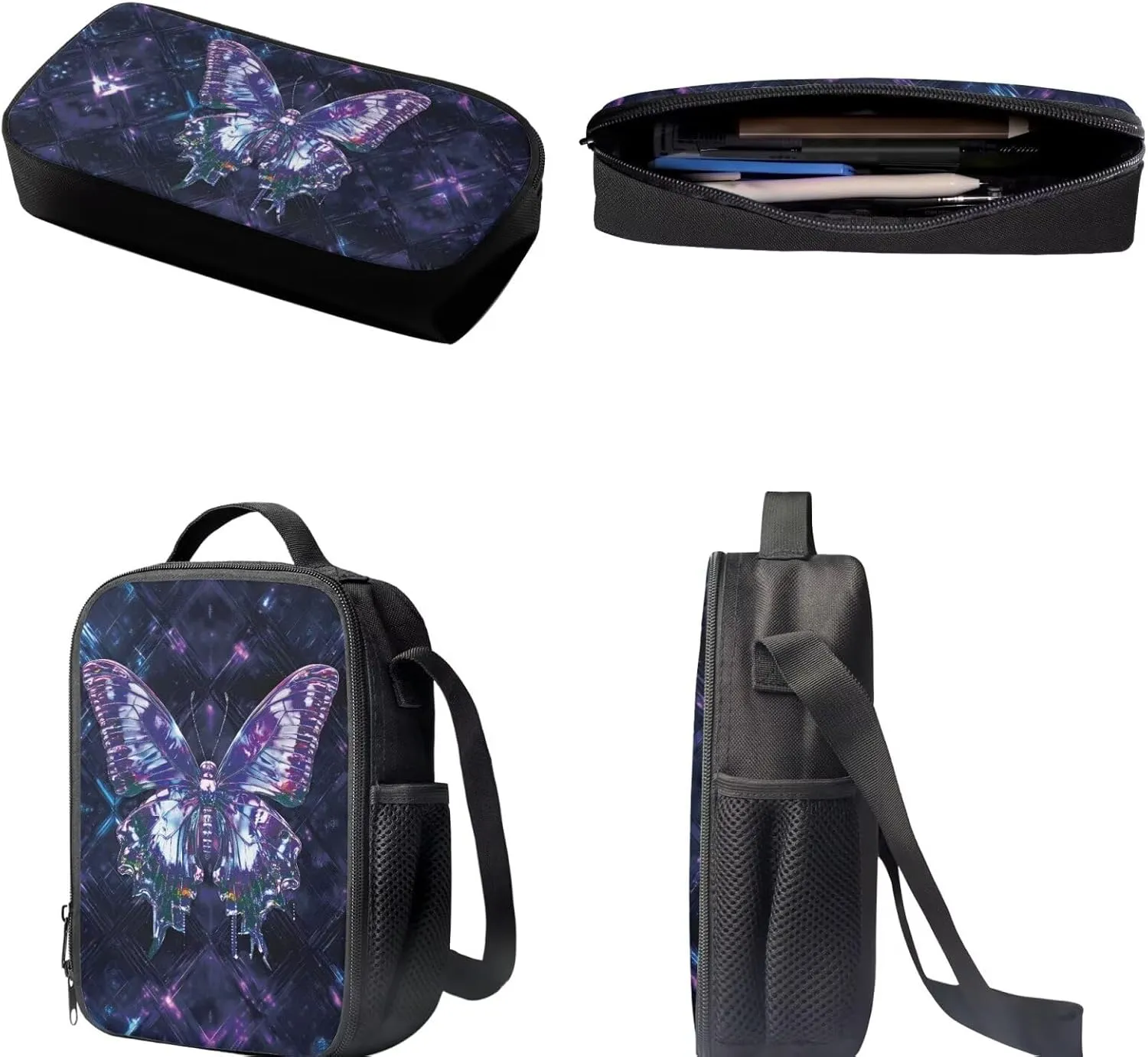 Dolyues Butterfly Print 3-Piece Girls Backpack Set - 17-Inch Bookbag, Lunch Box & Pencil Case - Preschool & Elementary/Middle School Backpack for Teens