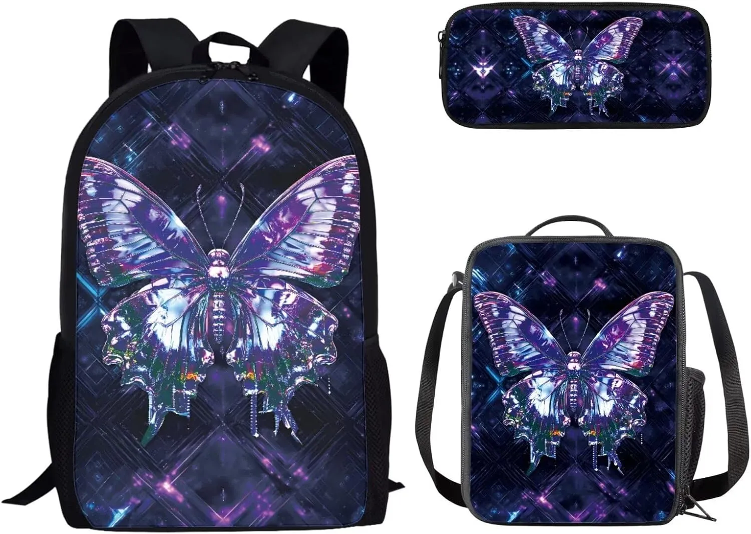 Dolyues Butterfly Print 3-Piece Girls Backpack Set - 17-Inch Bookbag, Lunch Box & Pencil Case - Preschool & Elementary/Middle School Backpack for Teens