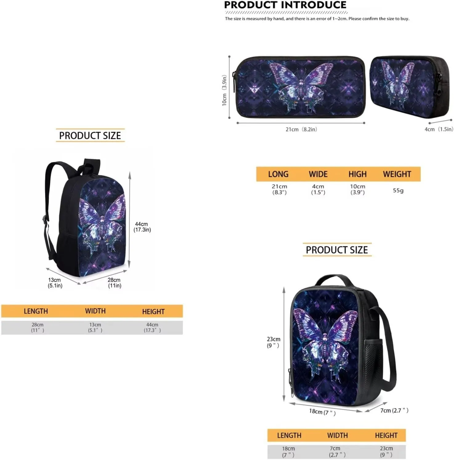 Dolyues Butterfly Print 3-Piece Girls Backpack Set - 17-Inch Bookbag, Lunch Box & Pencil Case - Preschool & Elementary/Middle School Backpack for Teens