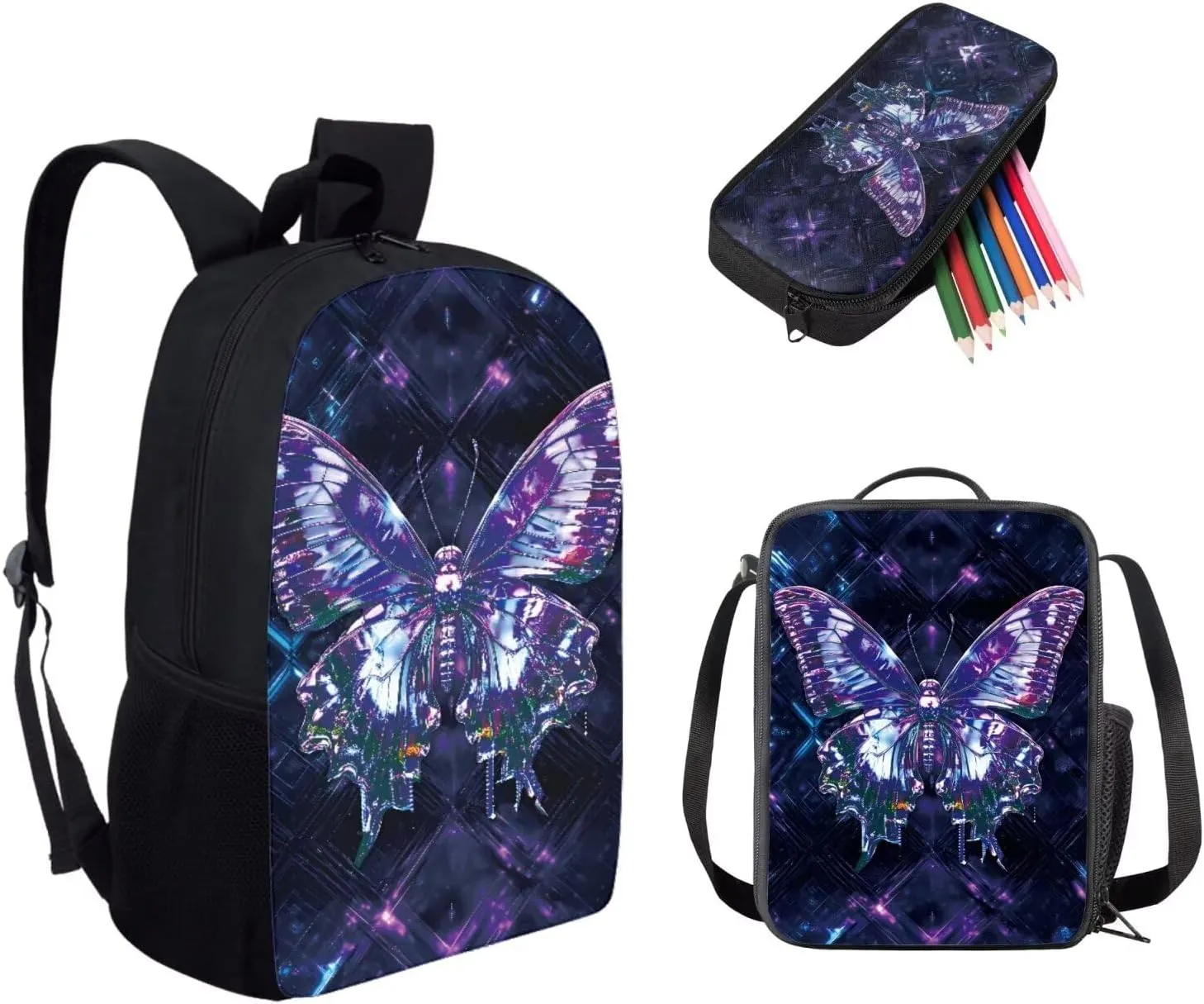 Dolyues Butterfly Print 3-Piece Girls Backpack Set - 17-Inch Bookbag, Lunch Box & Pencil Case - Preschool & Elementary/Middle School Backpack for Teens