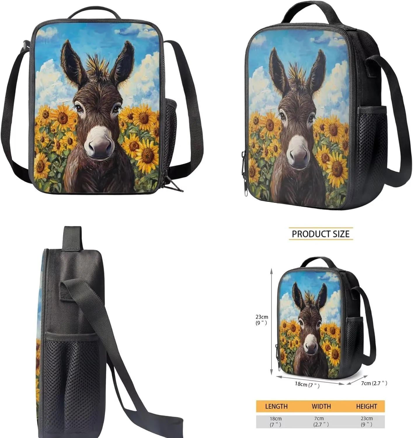 Donkey Backpack and Lunch Box Set for Teen Girls 10-12/8-12 Sunflower Middle School Bookbag for 6th Grade with Lunchbox 3 in 1 Elementary Student Book Bags Lunch Bag Pencil Case Back Pack