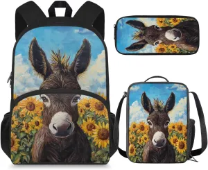 Donkey Backpack and Lunch Box Set for Teen Girls 10-12/8-12 Sunflower Middle School Bookbag for 6th Grade with Lunchbox 3 in 1 Elementary Student Book Bags Lunch Bag Pencil Case Back Pack