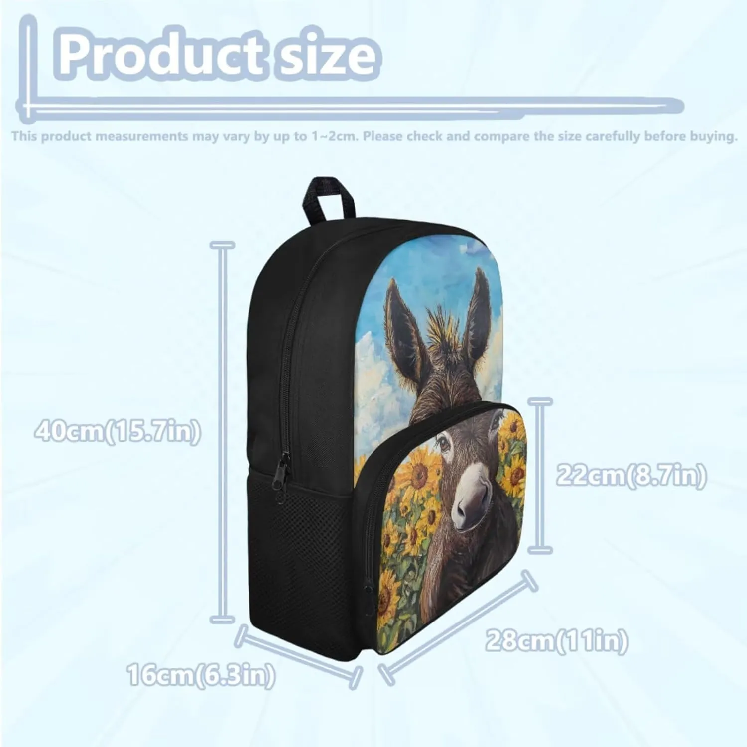 Donkey Backpack and Lunch Box Set for Teen Girls 10-12/8-12 Sunflower Middle School Bookbag for 6th Grade with Lunchbox 3 in 1 Elementary Student Book Bags Lunch Bag Pencil Case Back Pack
