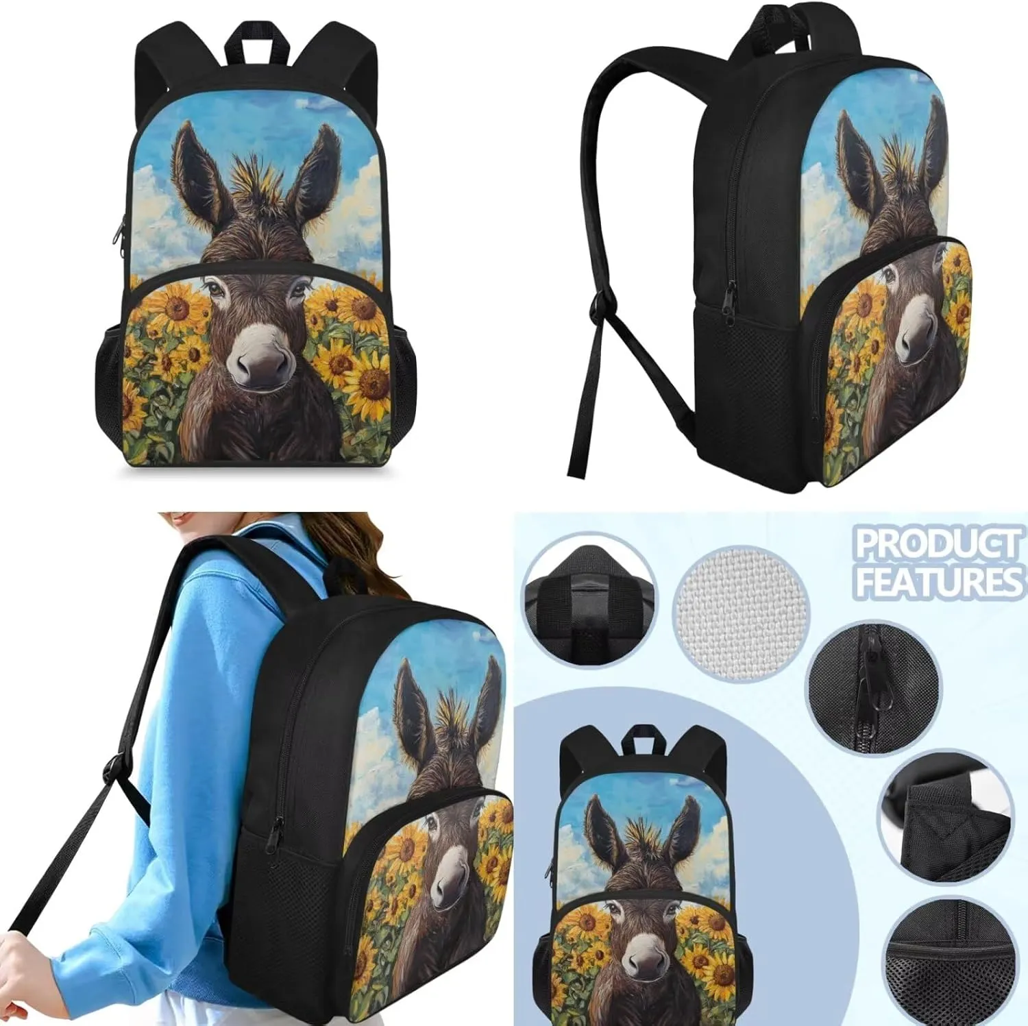 Donkey Backpack and Lunch Box Set for Teen Girls 10-12/8-12 Sunflower Middle School Bookbag for 6th Grade with Lunchbox 3 in 1 Elementary Student Book Bags Lunch Bag Pencil Case Back Pack