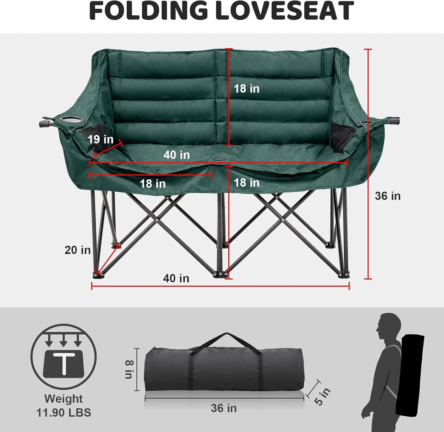 Double Camping Chair for Adults, 2 Person Loveseat Camping Chair with Cup & Wine Glass Holder, Portable Padded Double Folding Lawn Chair for Outdoor Camp Picnic Sports, Support 500LBS (Green)