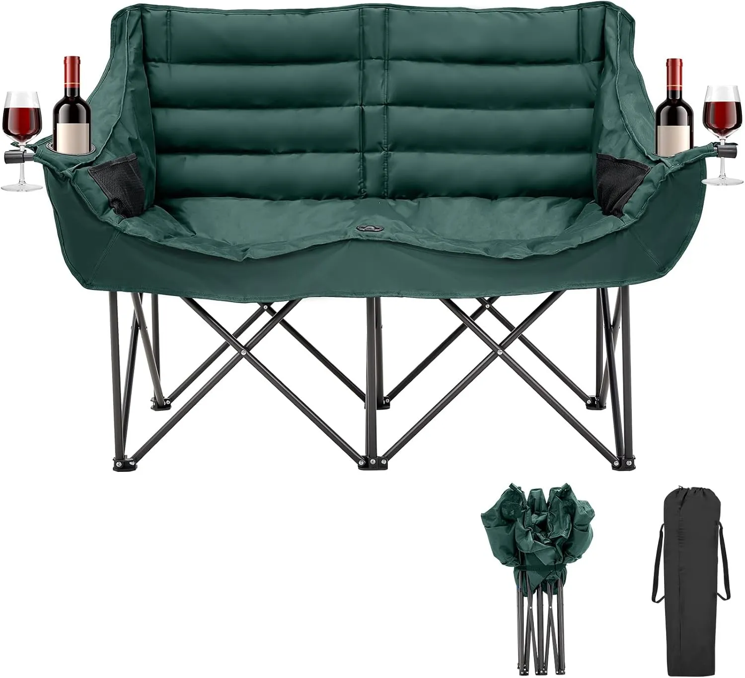Double Camping Chair for Adults, 2 Person Loveseat Camping Chair with Cup & Wine Glass Holder, Portable Padded Double Folding Lawn Chair for Outdoor Camp Picnic Sports, Support 500LBS (Green)