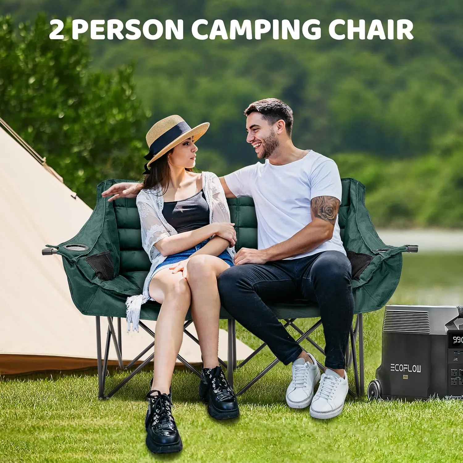 Double Camping Chair for Adults, 2 Person Loveseat Camping Chair with Cup & Wine Glass Holder, Portable Padded Double Folding Lawn Chair for Outdoor Camp Picnic Sports, Support 500LBS (Green)