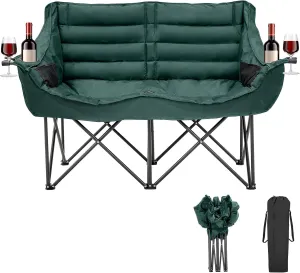 Double Camping Chair for Adults, 2 Person Loveseat Camping Chair with Cup & Wine Glass Holder, Portable Padded Double Folding Lawn Chair for Outdoor Camp Picnic Sports, Support 500LBS (Green)