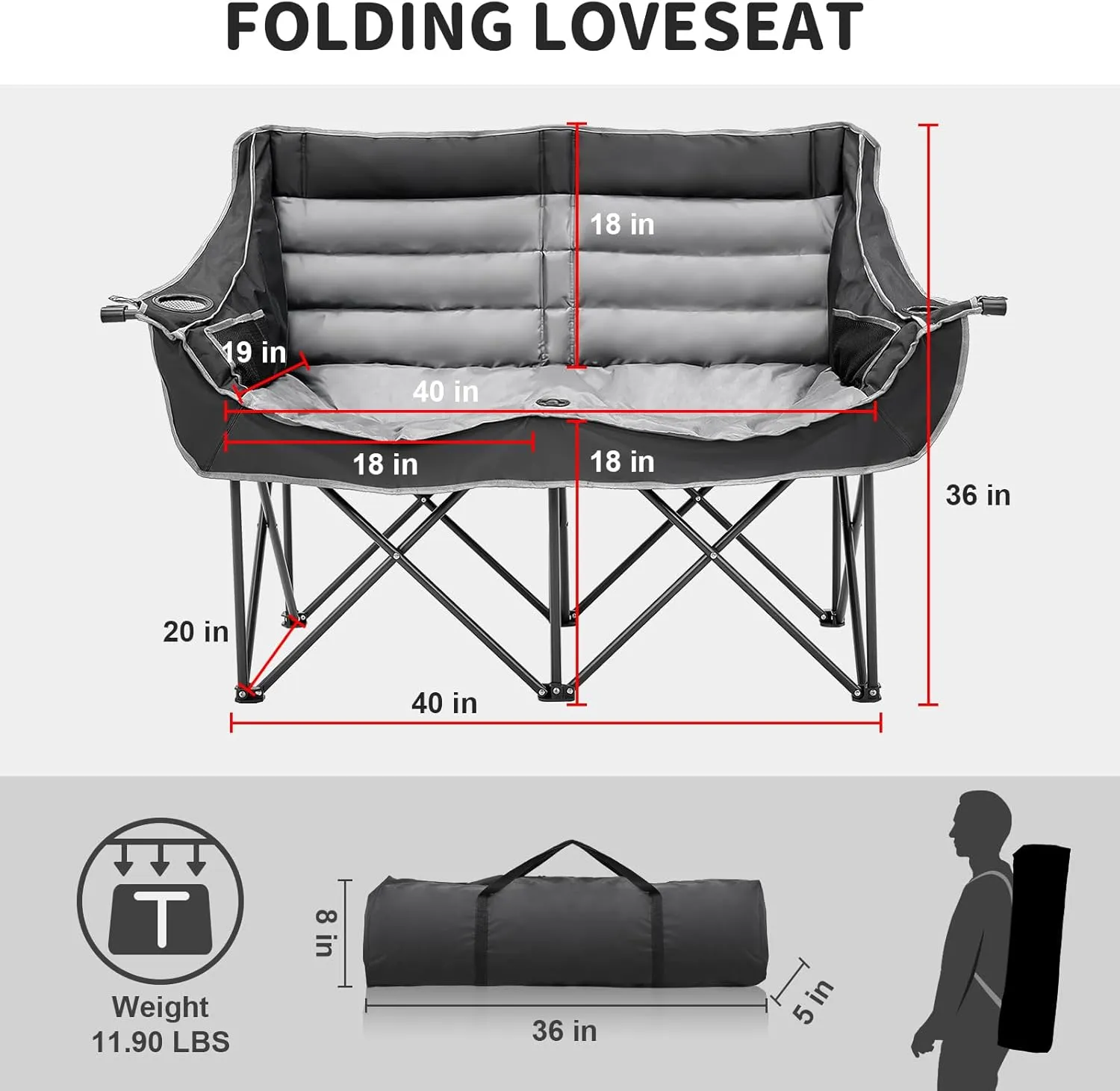 Double Camping Chair for Adults, 2 Person Loveseat Chair with Cup & Wine Glass Holder, Portable Padded Double Folding Chairs for Outdoor Camp Lawn Picnic Sports, Support 600LBS (Black Grey)