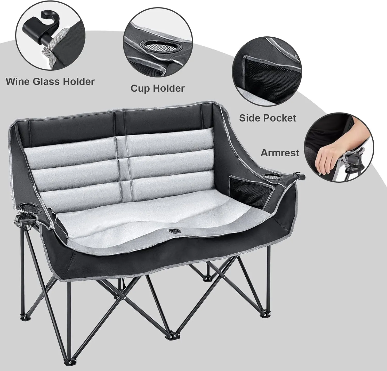 Double Camping Chair for Adults, 2 Person Loveseat Chair with Cup & Wine Glass Holder, Portable Padded Double Folding Chairs for Outdoor Camp Lawn Picnic Sports, Support 600LBS (Black Grey)