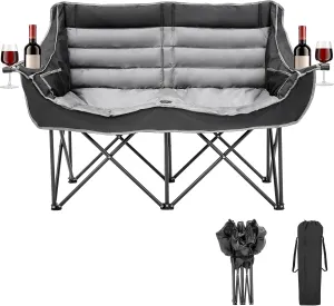 Double Camping Chair for Adults, 2 Person Loveseat Chair with Cup & Wine Glass Holder, Portable Padded Double Folding Chairs for Outdoor Camp Lawn Picnic Sports, Support 600LBS (Black Grey)